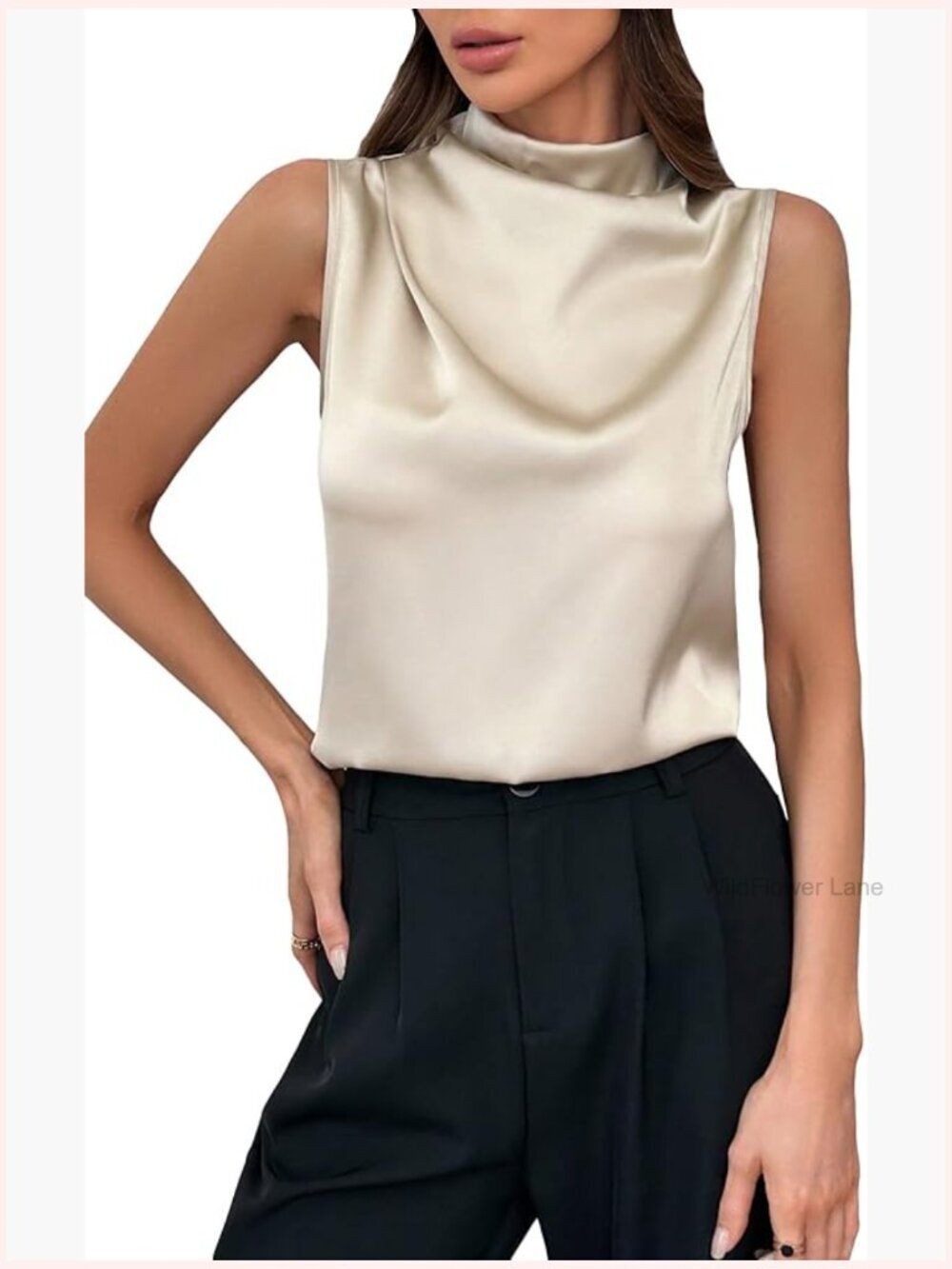 Mock Neck Satin Tank Tops Business Casual Work Sleeveless Blouse